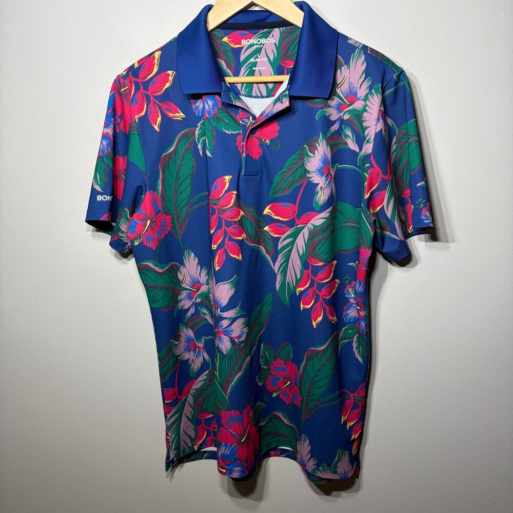 Bonobos Golf Polo Shirt Slim Fit Blue Mutli Tropical Floral Knit Preppy Resort L